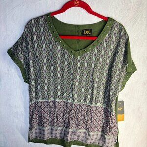 lee womens blouse shirt green beaded reglan sleeve tunic pull in v neck western